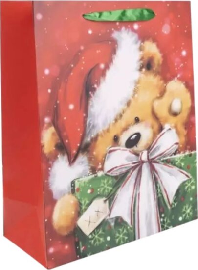 Maci mikulássapkában Szalagfüles papír ajándéktasak karácsonyra (26 x 32 cm) - Mintás