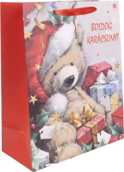 Maci mikulássapkában Papír szalagfüles ajándéktasak karácsonyra (26 x 32 cm) - Mintás