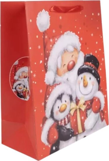 Mikulás és pingvin mintás szalagfüles papír ajándéktasak karácsonyra (18 x 23 cm)