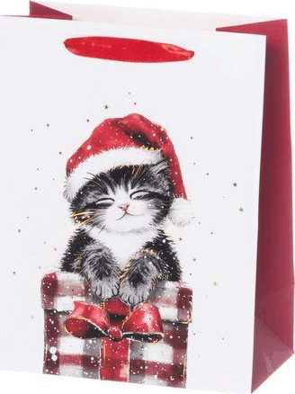 Cica mintás csillámló szalagfüles papír ajándéktasak karácsonyra (26 x 32 cm)