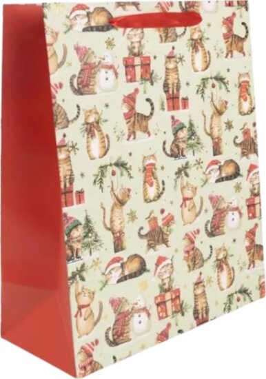 Cicák mikulássapkában mintás szalagfüles papír ajándéktasak (31 x 42 cm)