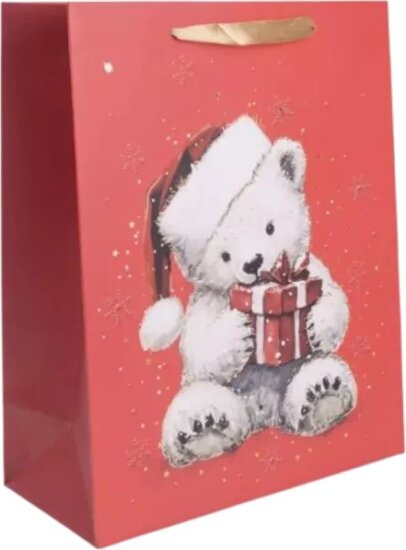 Maci mintás csillámló szalagfüles papír ajándéktasak (26 x 32 cm)