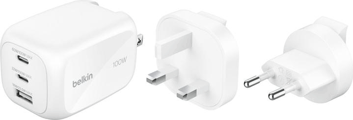 Belkin BoostCharge 2xUSB-C/1xUSB-A Hálózati Gyorstöltő + UK utazó Adapter 100W - Fehér