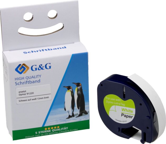 G&G (Dymo 91220 / S0721520) 12mm / 4m Feliratozógép szalag - Fehér alapon fekete