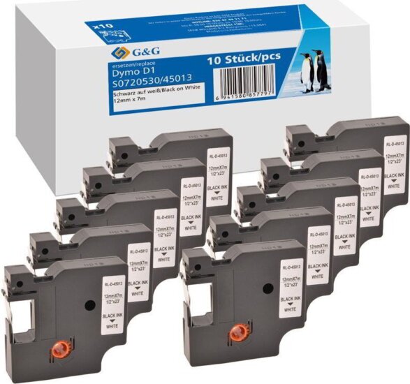G&G (Dymo D1/45013/S0720530) 12mm / 7m 10x Feliratozógép szalag - Fehér alapon fekete
