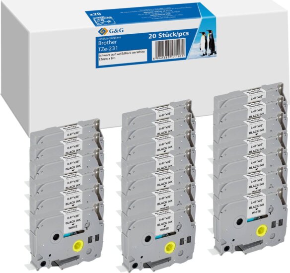 G&G (Brother TZe-231) 12mm / 8m 20x Feliratozógép szalag - Fehér alapon fekete