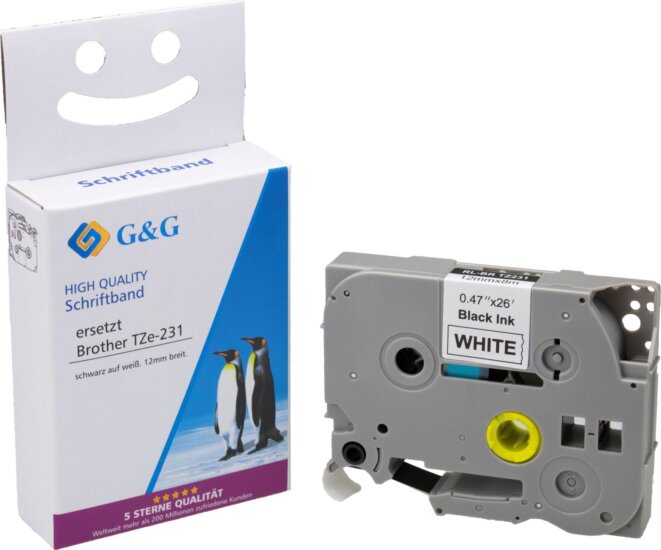 G&G (Brother TZe-231) 12mm / 8m Feliratozógép szalag - Fehér alapon fekete