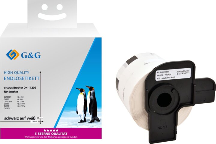 G&G 29 x 62 mm Etikett címke Brother DK-11209 hőnyomtatókhoz (800 címke/tekercs) G&G 29 x 62 mm Etikett címke Brother DK-11209 hőnyomtatókhoz (800 címke/tekercs)