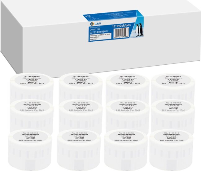 G&G 36 x 89 mm Etikett címke Dymo 99012 / S0722400 hőnyomtatókhoz 12db (260 címke/tekercs) G&G 36 x 89 mm Etikett címke Dymo 99012 / S0722400 hőnyomtatókhoz 12db (260 címke/tekercs)