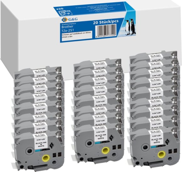 G&G (Brother TZe-251) 24mm / 8m Feliratozógép szalag 20db - Fehér alapon fekete