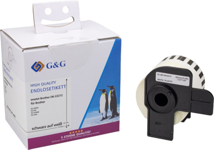 G&G (Brother DK-22212) 62mm / 15,24m Feliratozógép szalag - Fehér alapon fekete