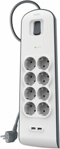 Belkin Surge 250V 2x USB-A túlfeszültségvédő Hálózati elosztó 8 aljzatos 2m - Fehér