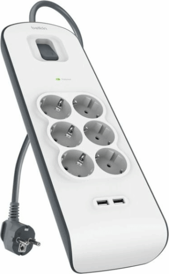 Belkin Surge 250V 2xUSB-A Túlfeszültségvédő Hálózati elosztó 6 aljzatos 2m - Fehér