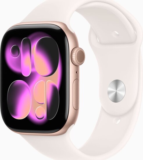 Apple Watch S11 46mm GPS Okosóra S/M Lágy Rózsaszín sportszíjjal - Rózsaarany