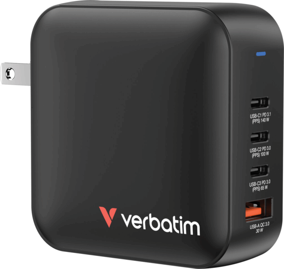 Verbatim 32216 Mini GaN 3xUSB-C 1xUSB-A Hálózati gyorstöltő 165W + utazó adapterek (US/EU/UK) - Fekete