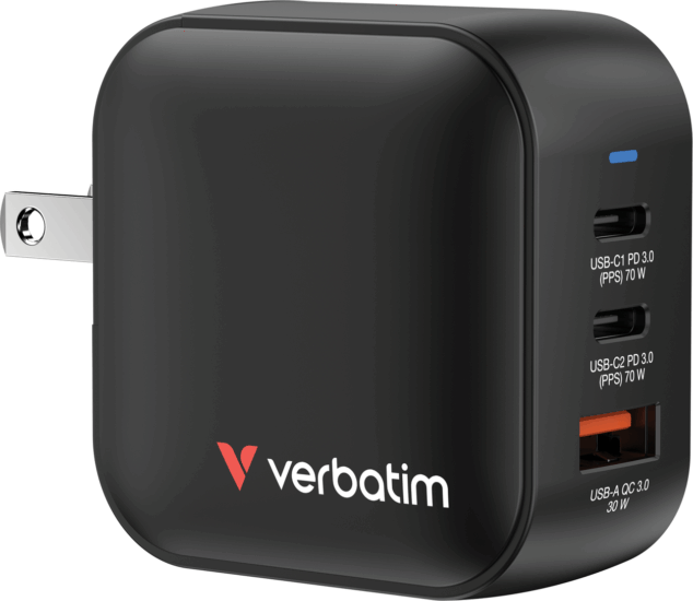Verbatim 32229 Mini GaN 2xUSB-C PD 1xUSB-A Hálózati gyorstöltő 70W - Fekete