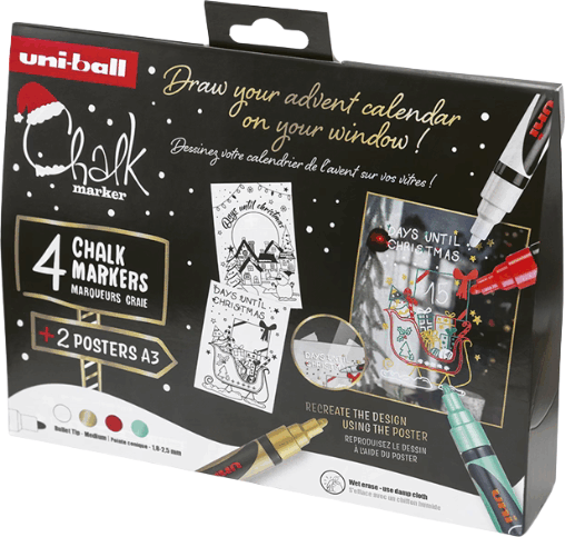 Uni Chalk PWE-5M Karácsonyi Folyékony Kréta - Fehér / Arany / Metál Zöld / Piros (4 db / doboz)