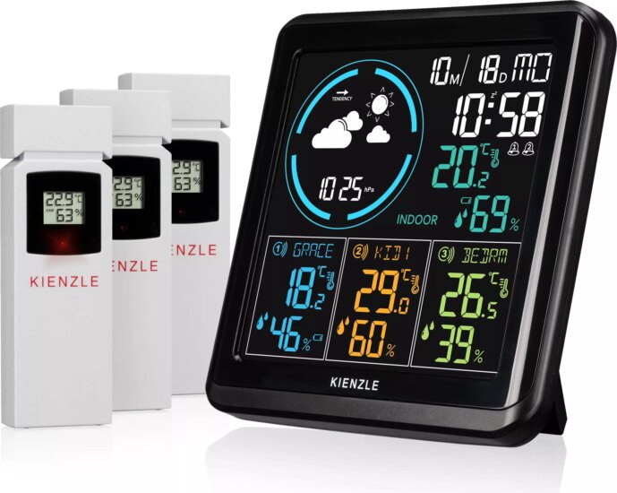 Kienzle DCF Rádióvezérelt Meteorológiai Állomás 3 Külső Szenzorral - Fekete