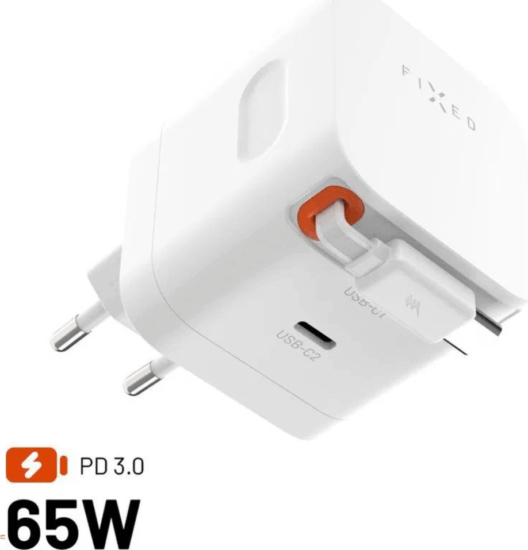 Fixed 2x USB-C Hálózati Gyorstöltő Adapter visszahúzható kábellel 65W - Fehér