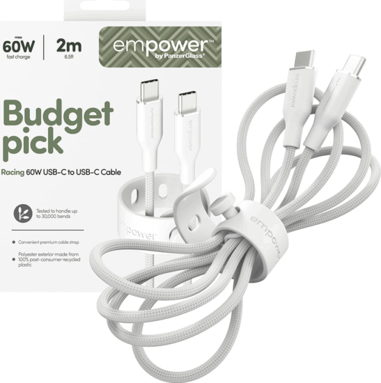 PanzerGlass 60W empower USB-C apa - USB-c apa Adat és töltő kábel 2m - Fehér