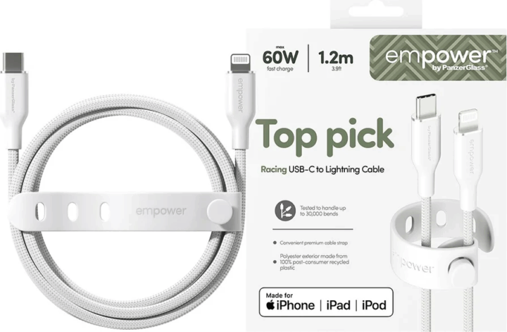 PanzerGlass 60W empower USB-C apa - Lightning apa adat és töltőkábel 1.2m - Fehér