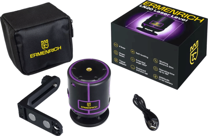 Ermenrich LN20 Akkus Hordozható önbeálló lézeres szintező max 30m - Fekete / Lila