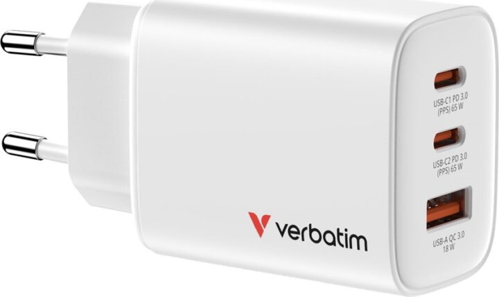 Verbatim 32353 Essentials 2xUSB-C / 1xUSB-A Hálózati gyorstöltő 65W - Fehér
