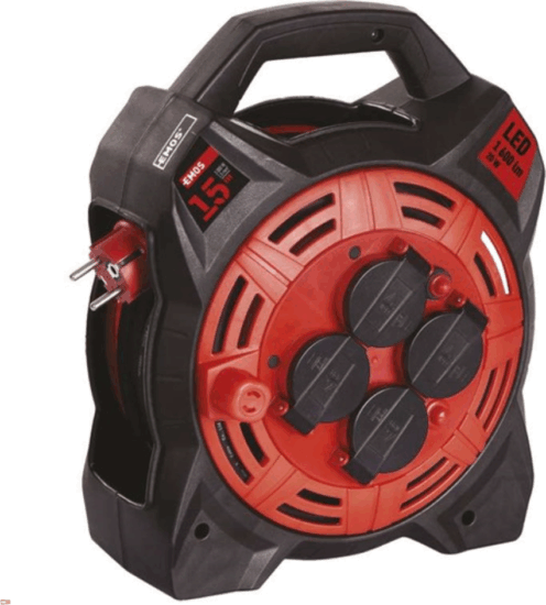 EMOS P08215 Kültéri Hálózati hosszabító Kábeldob Reflektorral 4 aljzattal 15 méter - Piros/Fekete