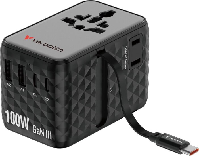 Verbatim 30191 Charge n Travel Univerzális Utazó Adapter 100W USB-C kábellel - Fekete