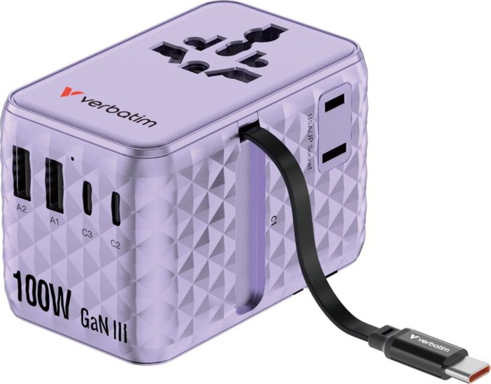 Verbatim 30191 Charge n Travel Univerzális Utazó Adapter 100W USB-C kábellel - Lila