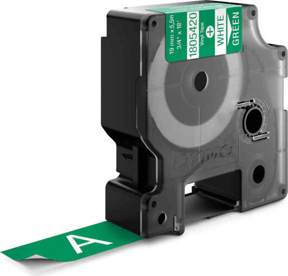 Dymo Schriftband Vinyl 19 mm x 5,5 m Feliratozógép szalag Zöld alapon fehér