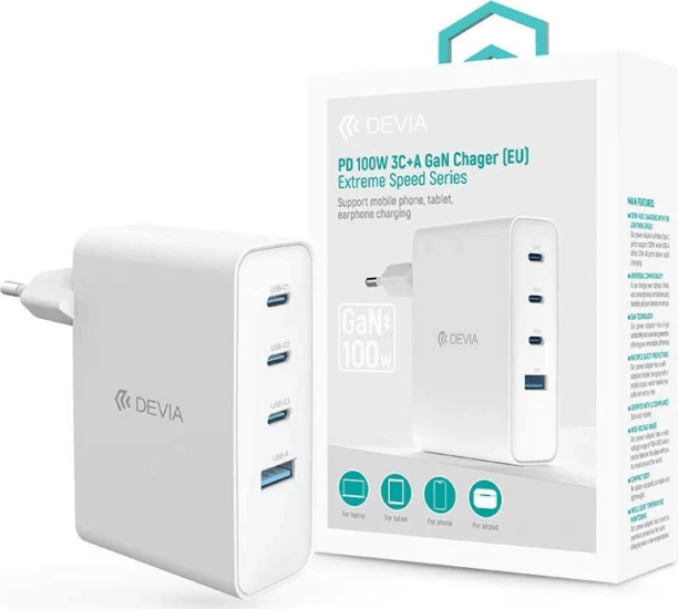 Devia ST121430 USB-A / 3x USB-C Hálózati Gyorstöltő Adapter 100W - Fehér