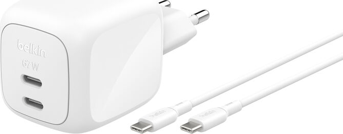 Belkin Dual 2x USB-C PD + PPS Hálózati Gyorstöltő Adapter 67W + 2m kábel - Fehér