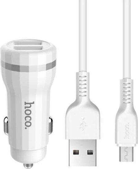 Hoco Z27 2×USB-C Autós Töltő + microUSB Kábel (5V / 2.4A) - Fehér
