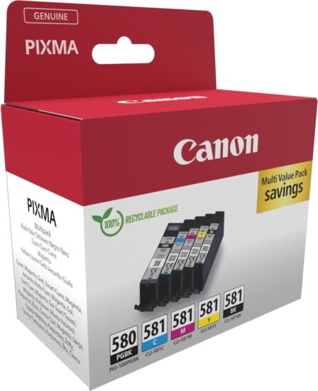 Canon PGI-580BK + CLI-581 CMYK Eredeti Tintapatron Multipack 5db - Fekete/Cián/Magenta/Sárga