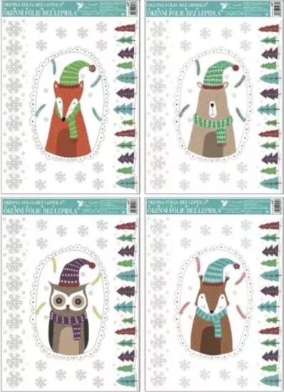 Téli állatkás mintás csillogó ablakmatrica 38 x 30 cm - Többféle