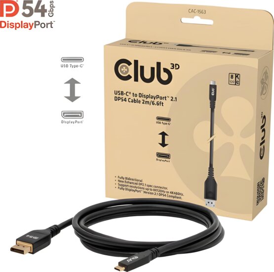 Club 3D CAC-1563 USB-C apa - DisplayPort 2.1 apa Átalakító kábel 2m - Fekete