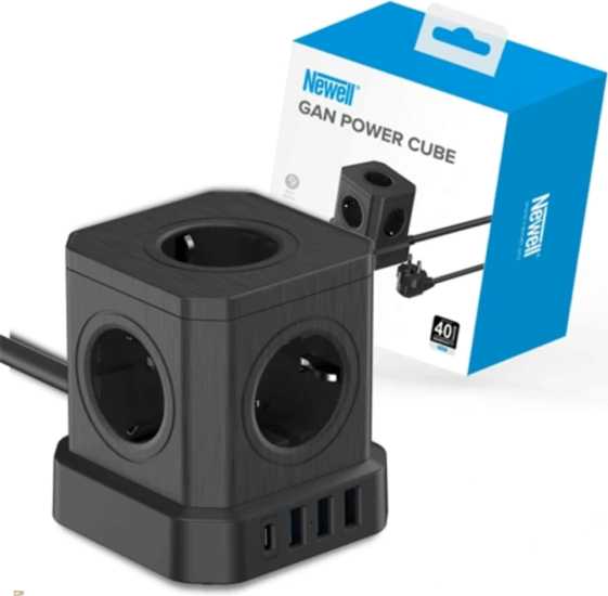 Newell 250V 1x USB-C / 3x USB-A Hálózati elosztó 5 aljzatos 1,5m - Fekete