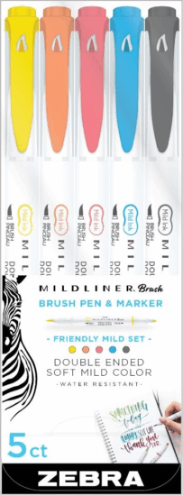 Zebra Mildliner Brush Friendly 0,5-4,0 mm kétvégű dekormarker - Vegyes színek (5 db / csomag)