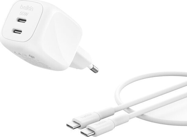 Belkin Dual USB-C PD PPS Gyorstöltő 1m Kábellel 50W - Fehér Belkin Dual USB-C PD PPS Gyorstöltő 1m Kábellel 50W - Fehér