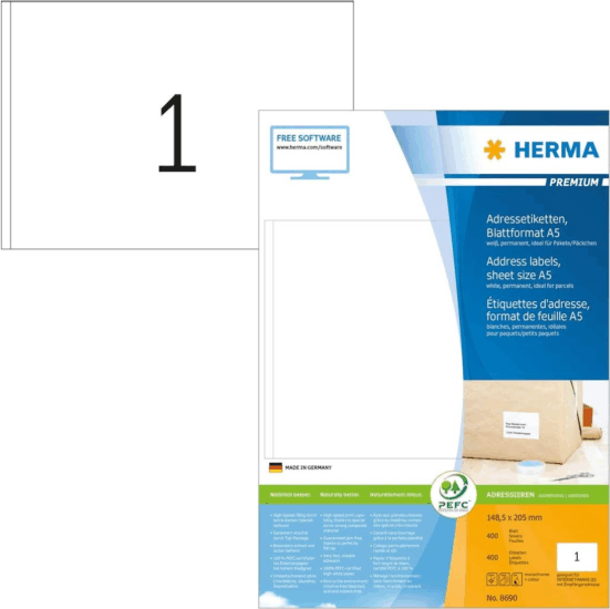 Herma 148,5 x 205 mm Etikett Címke Tintasugaras, Fénymásoló és Lézernyomtatóhoz (400 címke / csomag)