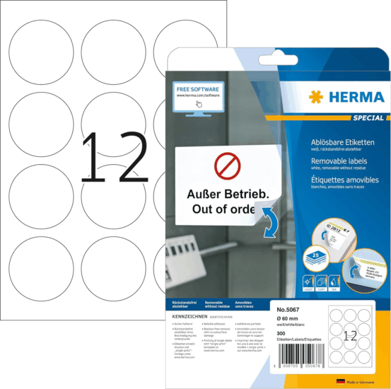 Herma Ø 60 mm Etikett Címke Tintasugaras, Fénymásoló és Lézernyomtatóhoz (300 címke / csomag)