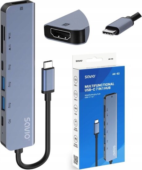 Savio AK-82 Multifunkciós 7-port USB-C HUB - Fekete