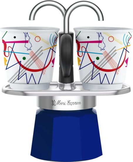 Bialetti Mini Express Kandinsky 2 személyes Kotyogós kávéfőző + 2 csésze - Kék vagy Piros színben Bialetti Mini Express Kandinsky 2 személyes Kotyogós kávéfőző + 2 csésze - Kék vagy Piros színben