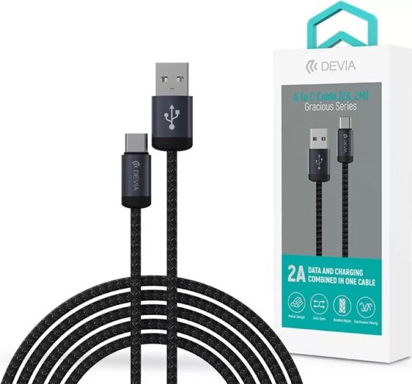 Devia ST108028 Gracious Series v2 USB-A apa - USB-C apa Töltő- és adatkábel 10 Watt 2m - Fekete
