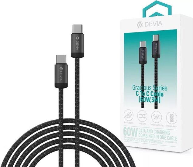 Devia ST124332 USB-C Apa - USB-C Apa Adat és töltőkábel 60 Watt 3m - Fekete