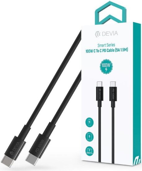 Devia ST111110 USB-C apa - USB-C apa Adat és töltőkábel 100W 1,5m - Fekete