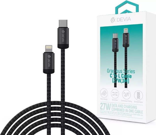 Devia ST124349 Gracious Series USB-C - Lightning iPhone Adat és Töltőkábel 27 Watt 3m - Fekete