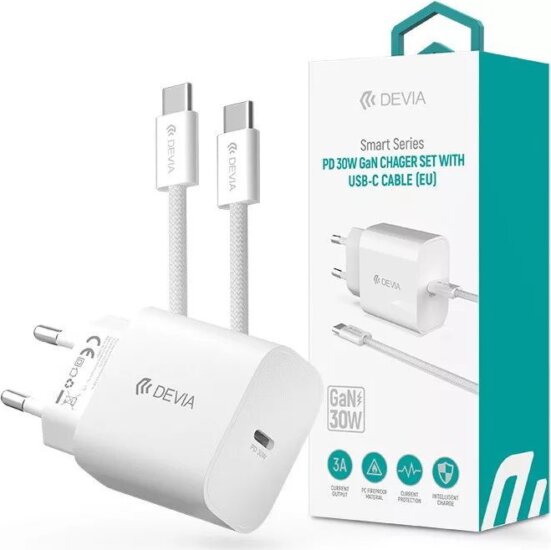 Devia ST399800 Smart Series PD+QC Hálózati Gyorstöltő Adapter 30W + USB-C / USB-C kábel - Fehér