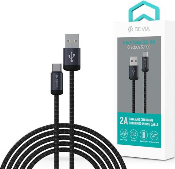Devia ST108011 Gracious Series USB-A Apa - USB-C Apa Adat és töltőkábel 10 Watt 1m - Fekete